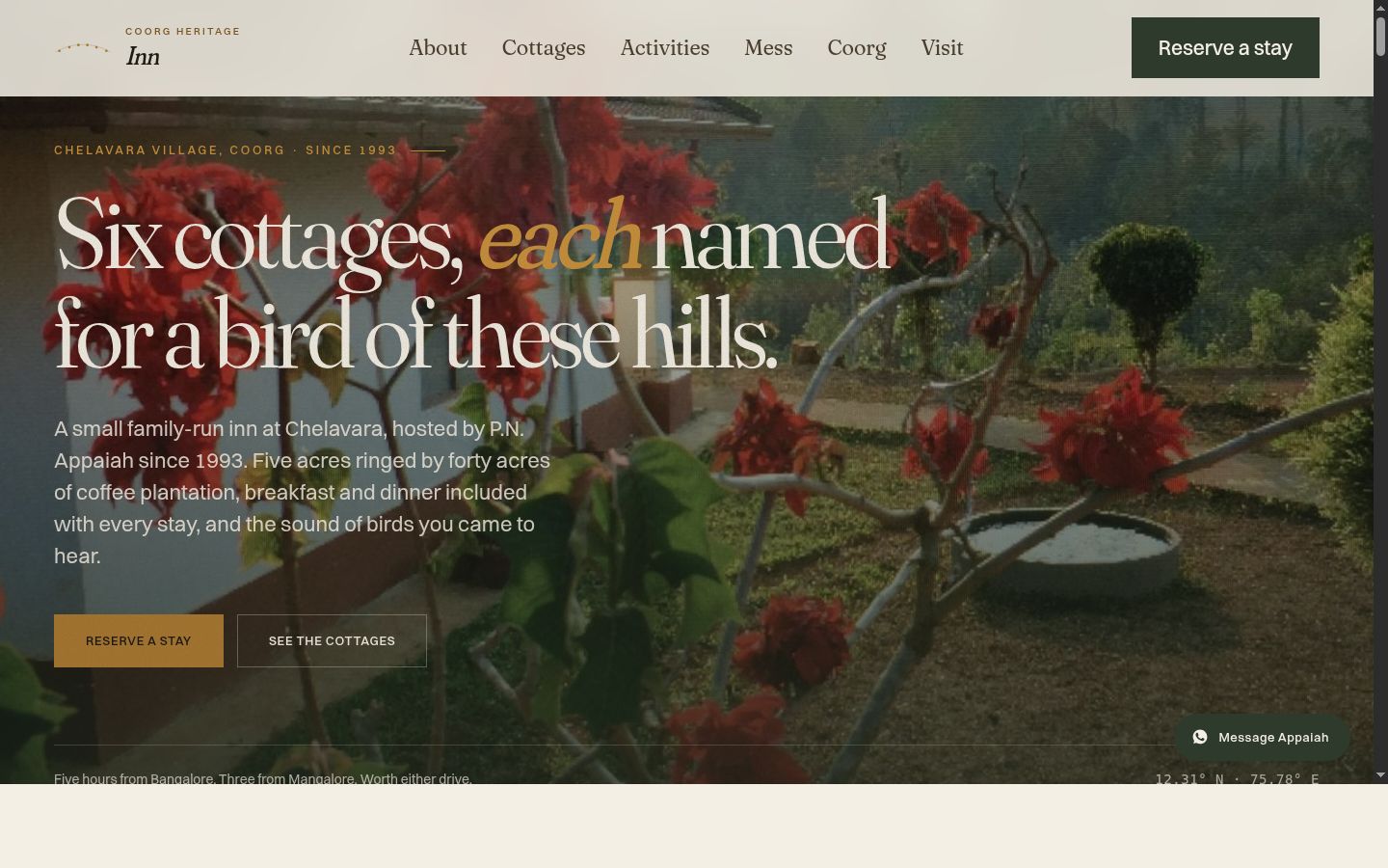 Screenshot of Coorg Heritage Inn website